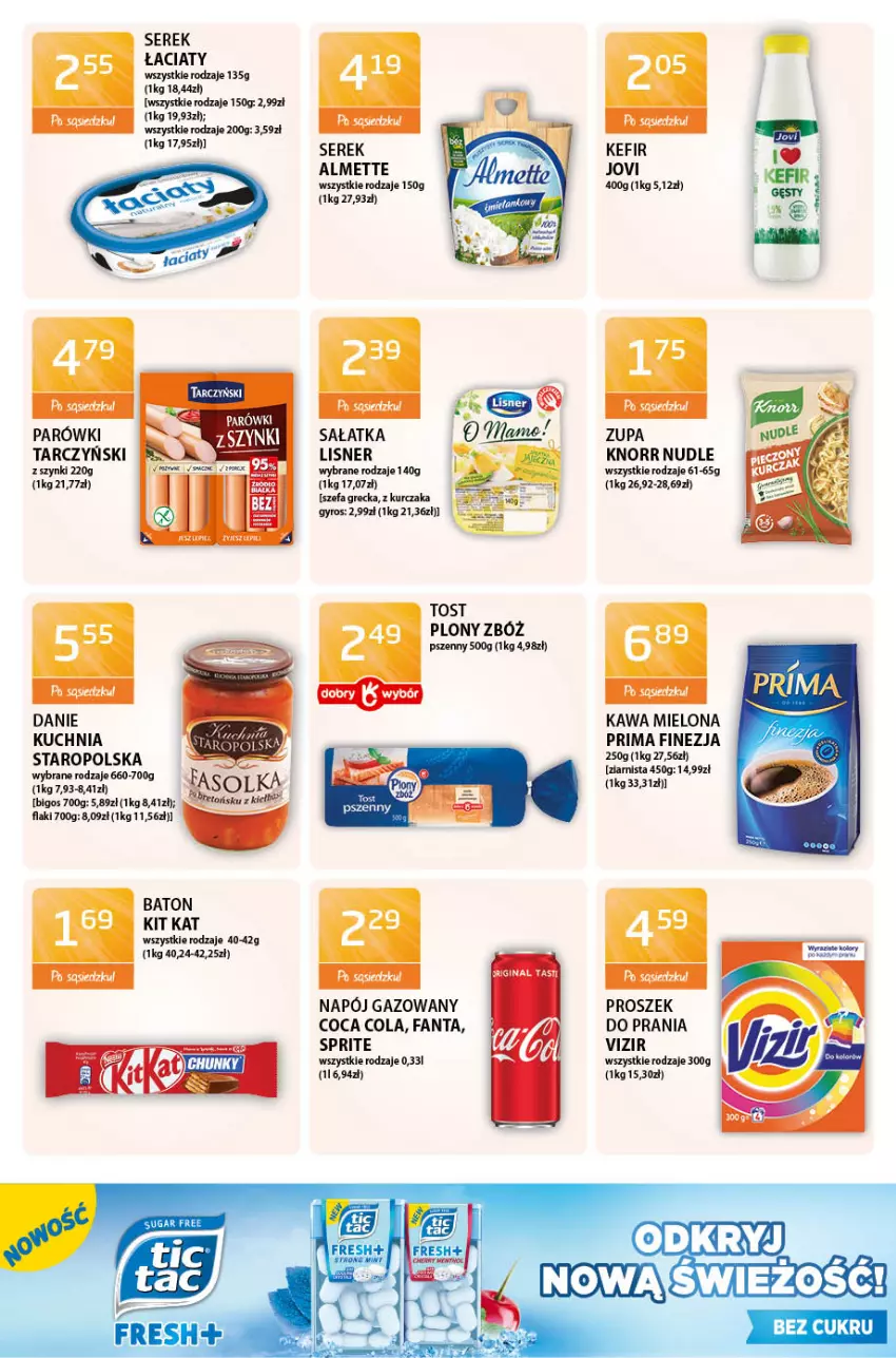 Gazetka promocyjna ABC - Gazetka - ważna 06.05 do 20.05.2021 - strona 8 - produkty: Almette, Baton, Bigos, Fa, Fanta, Flaki, Gyros, Kawa, Kawa mielona, Kefir, Kit Kat, Knorr, Kuchnia, Kurczak, Lisner, Napój, Napój gazowany, Parówki, Prima, Sałat, Sałatka, Ser, Serek, Sprite, Tarczyński, Vizir