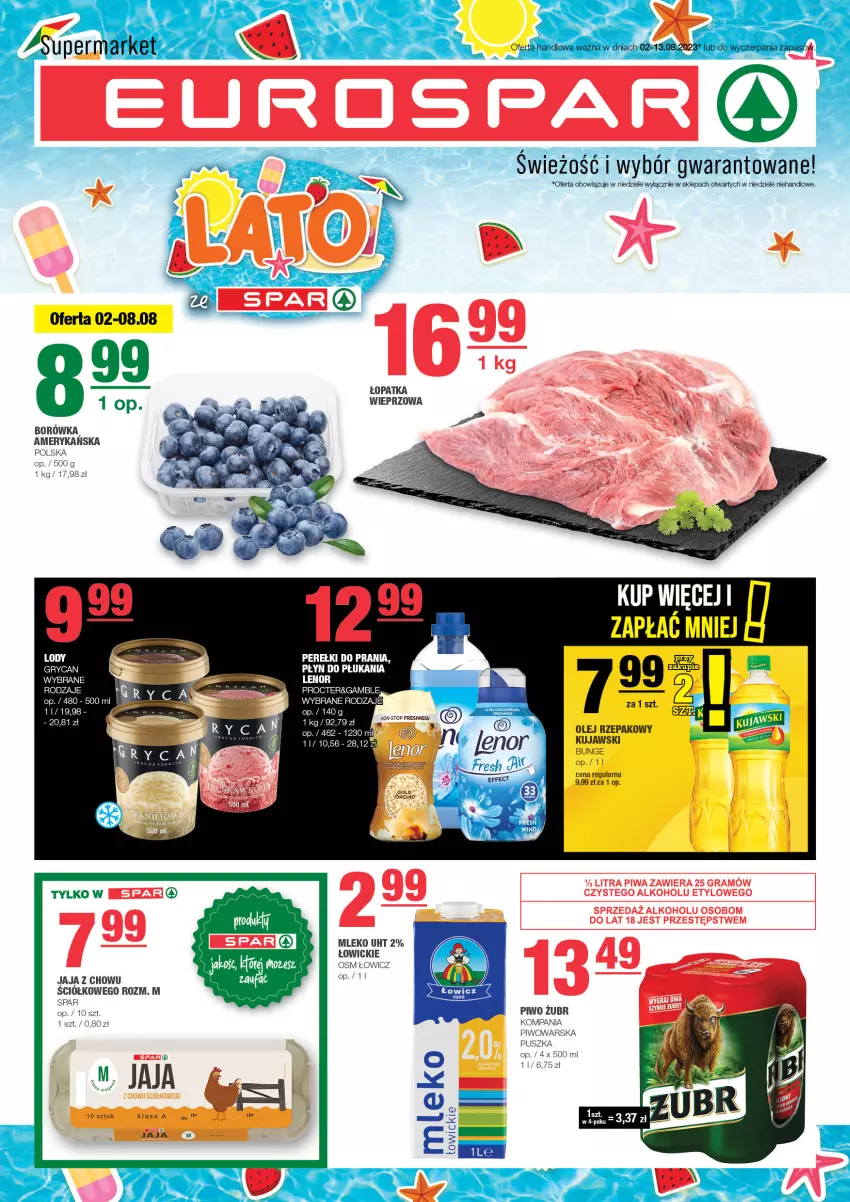 Gazetka promocyjna Spar - EuroSpar - ważna 30.07 do 09.08.2023 - strona 1 - produkty: Borówka, Fa, Jaja, Kujawski, Mleko, Olej, Olej rzepakowy, Piwo