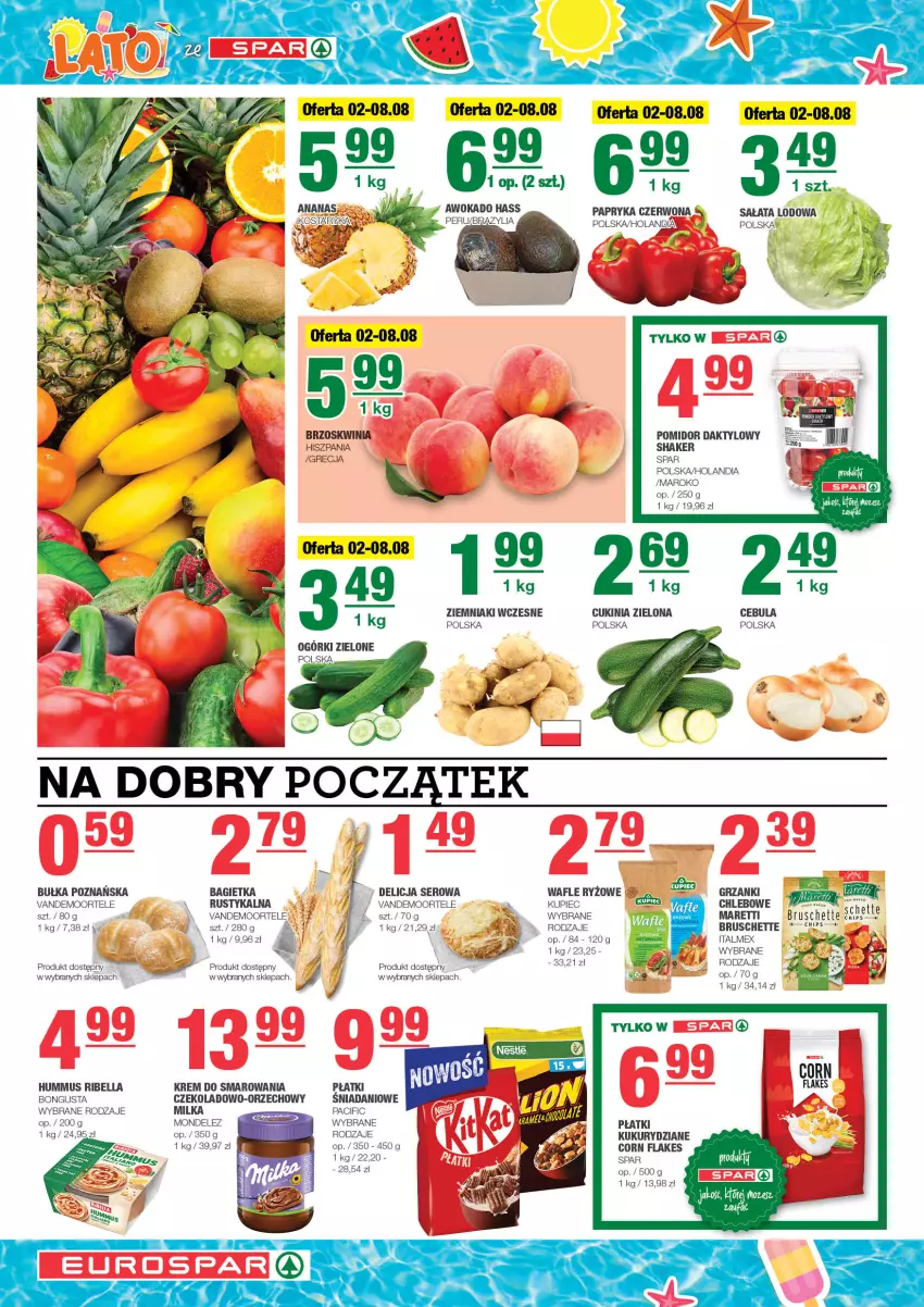 Gazetka promocyjna Spar - EuroSpar - ważna 30.07 do 09.08.2023 - strona 2 - produkty: Ananas, Bagietka, Bell, Bella, Bruschette, Bułka, Cebula, Chleb, Cif, Corn flakes, Danio, Delicja serowa, Fa, Hummus, Kupiec, Milka, Mus, Papryka, Papryka czerwona, Piec, Rust, Ryż, Sałat, Sałata lodowa, Ser, Wafle, Ziemniaki