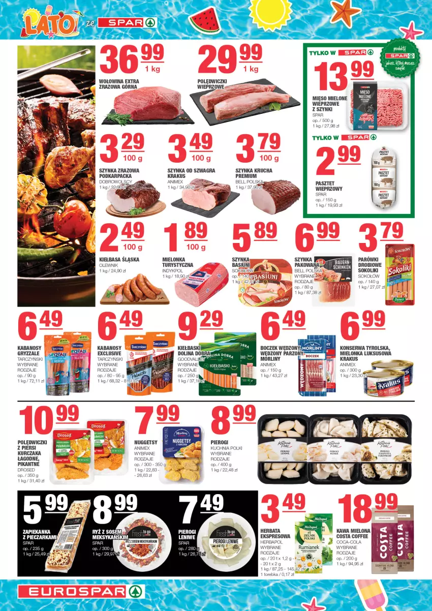 Gazetka promocyjna Spar - EuroSpar - ważna 30.07 do 09.08.2023 - strona 4 - produkty: Bell, Boczek, Coca-Cola, Gra, Gry, Herbapol, Herbata, Kabanos, Karp, Kiełbasa, Kiełbasa śląska, Krakus, Kuchnia, Kurczak, Mięso, Mięso mielone, Morliny, Olewnik, Parówki, Pasztet, Pierogi, Ser, Sok, Sokołów, Szynka, Tarczyński, Torebka, Wołowina