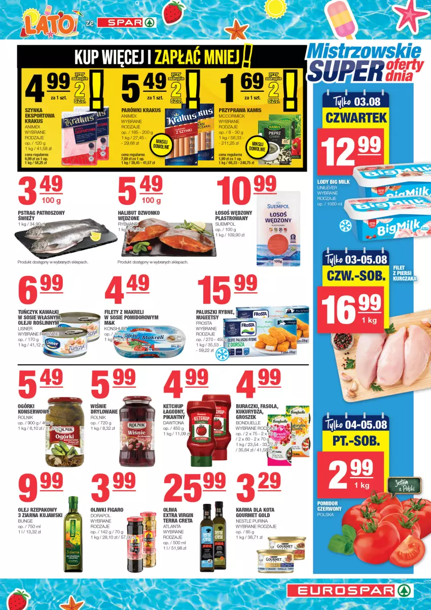 Gazetka promocyjna Spar - EuroSpar - ważna 30.07 do 09.08.2023 - strona 5 - produkty: Bonduelle, Buraczki, Fa, Fasola, Frosta, Gin, Gourmet Gold, Groszek, Halibut, Kamis, Kawa, Ketchup, Krakus, Kukurydza, Lisner, Olej, Oliwki, Paluszki rybne, Por, Pstrąg, Pur, Purina, Sałat, Sos, Sport, Suempol, Tuńczyk