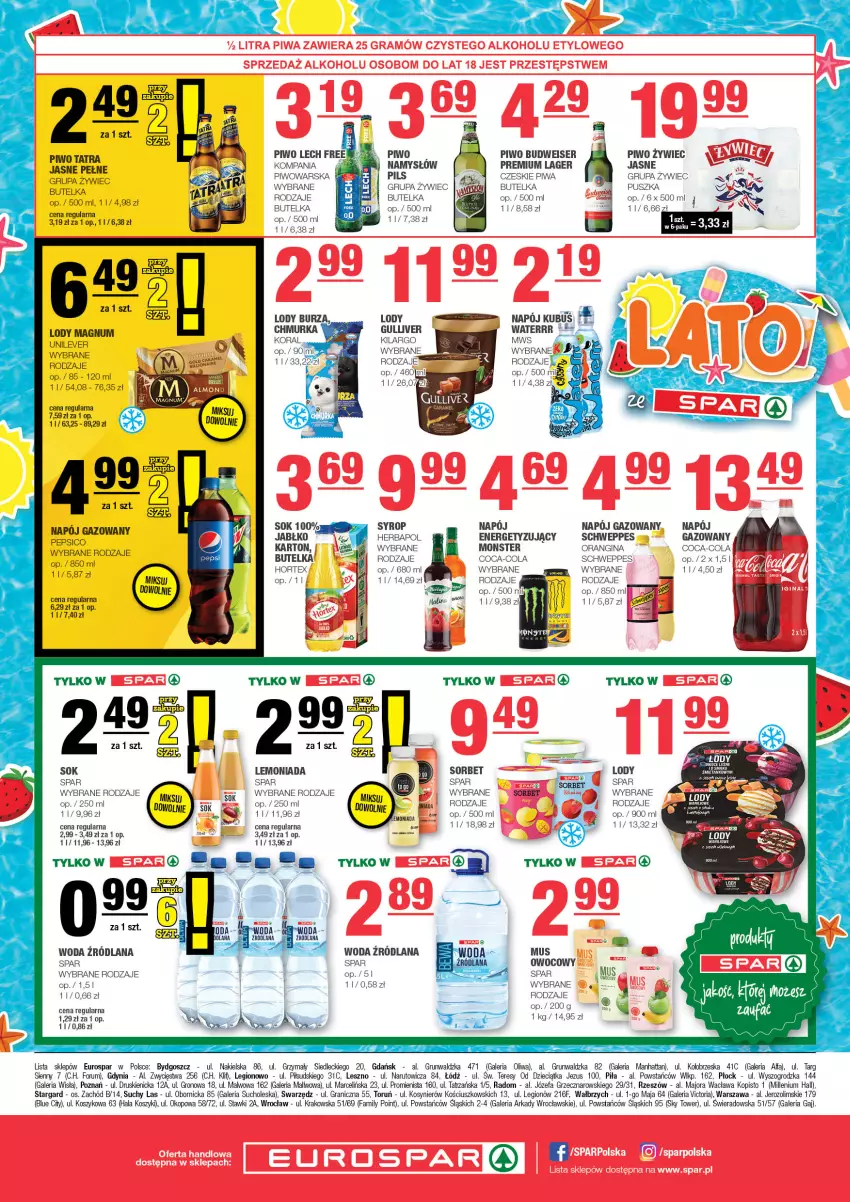 Gazetka promocyjna Spar - EuroSpar - ważna 30.07 do 09.08.2023 - strona 8 - produkty: Coca-Cola, Dzieci, Fa, Gin, Gra, Herbapol, Kosz, Kubuś, LANA, Lemoniada, Lody, Mus, Namysłów, Napój, Napój gazowany, Piwa, Piwo, Rum, Schweppes, Ser, Sok, Syrop, Woda