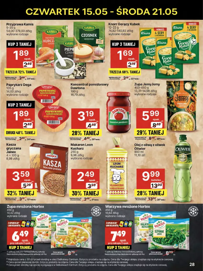 Gazetka promocyjna Delikatesy Centrum - Franczyza DC20 Czwartek - ważna 15.05 do 21.05.2025 - strona 28 - produkty: Czosnek, Dawtona, Dega, Dron, Gra, Gry, Hortex, Kamis, Kasza, Knorr, Koncentrat pomidorowy, Kubek, Leon, Makaron, Olej, Papryka, Paprykarz, Rum, Ser, Warzywa, Zupa