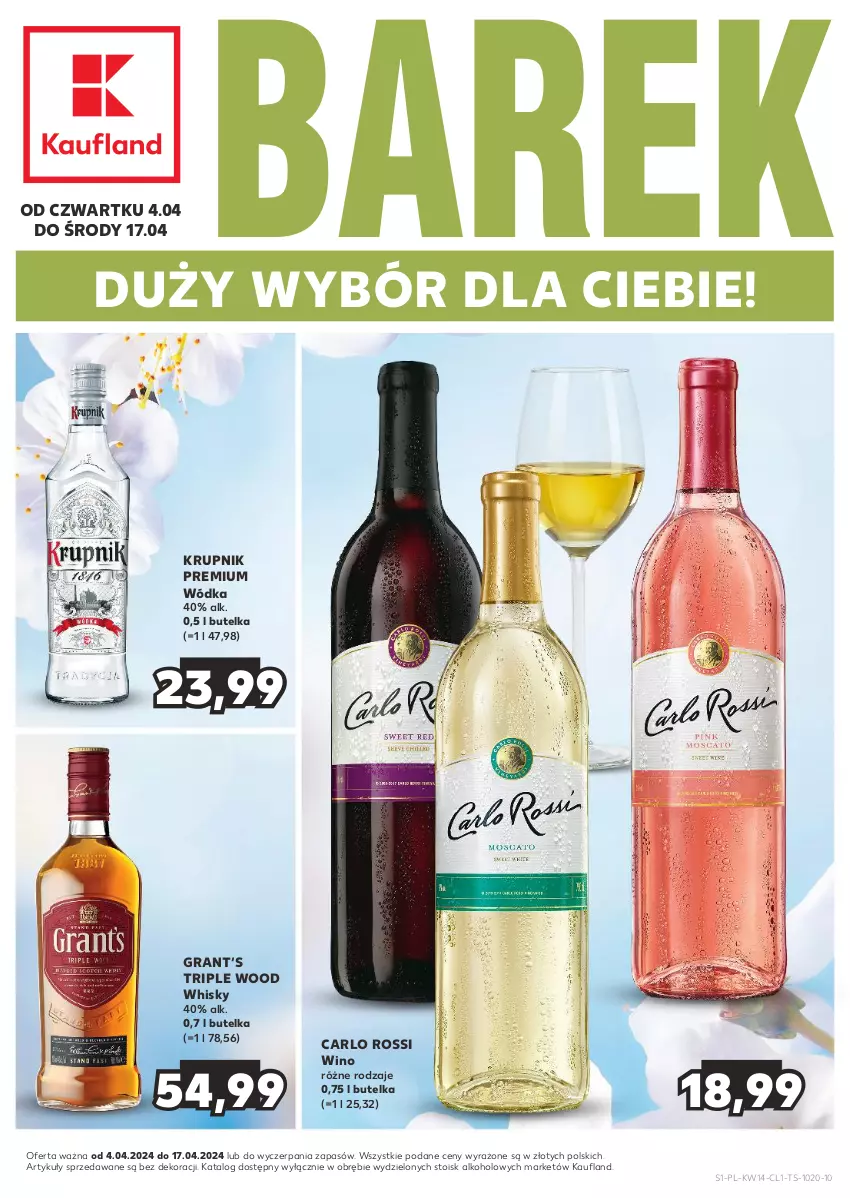 Gazetka promocyjna Kaufland - Barek Kauflandu - ważna 04.04 do 17.04.2024 - strona 1 - produkty: Carlo Rossi, Gra, Krupnik, Whisky, Wino, Wódka