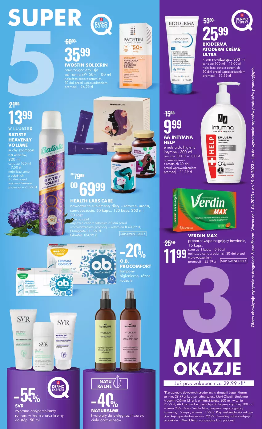 Gazetka promocyjna Drogerie Natura - Gazetka Drogerie Natura - ważna 01.04 do 30.04.2023 - strona 2 - produkty: Antyperspirant, Atoderm, Batiste, Bioderma, Emulsja, Hydrolat, Iwostin, Krem nawilżający, Mop, O.B., Olej, Suchy szampon, Suplement diety, SVR, Szampon, Tampony, Zdrowie