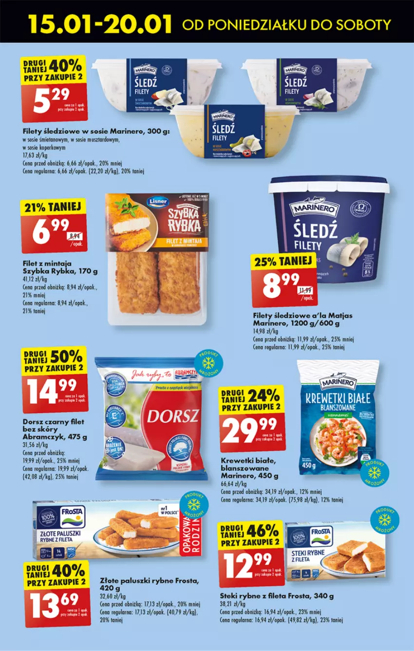 Gazetka promocyjna Biedronka - Od poniedzialku - ważna 15.01 do 20.01.2024 - strona 33 - produkty: Dorsz, Filet z mintaja, Frosta, Krewetki, Matjas, Mięta, Mintaj, Mus, Paluszki rybne, Sos, Stek