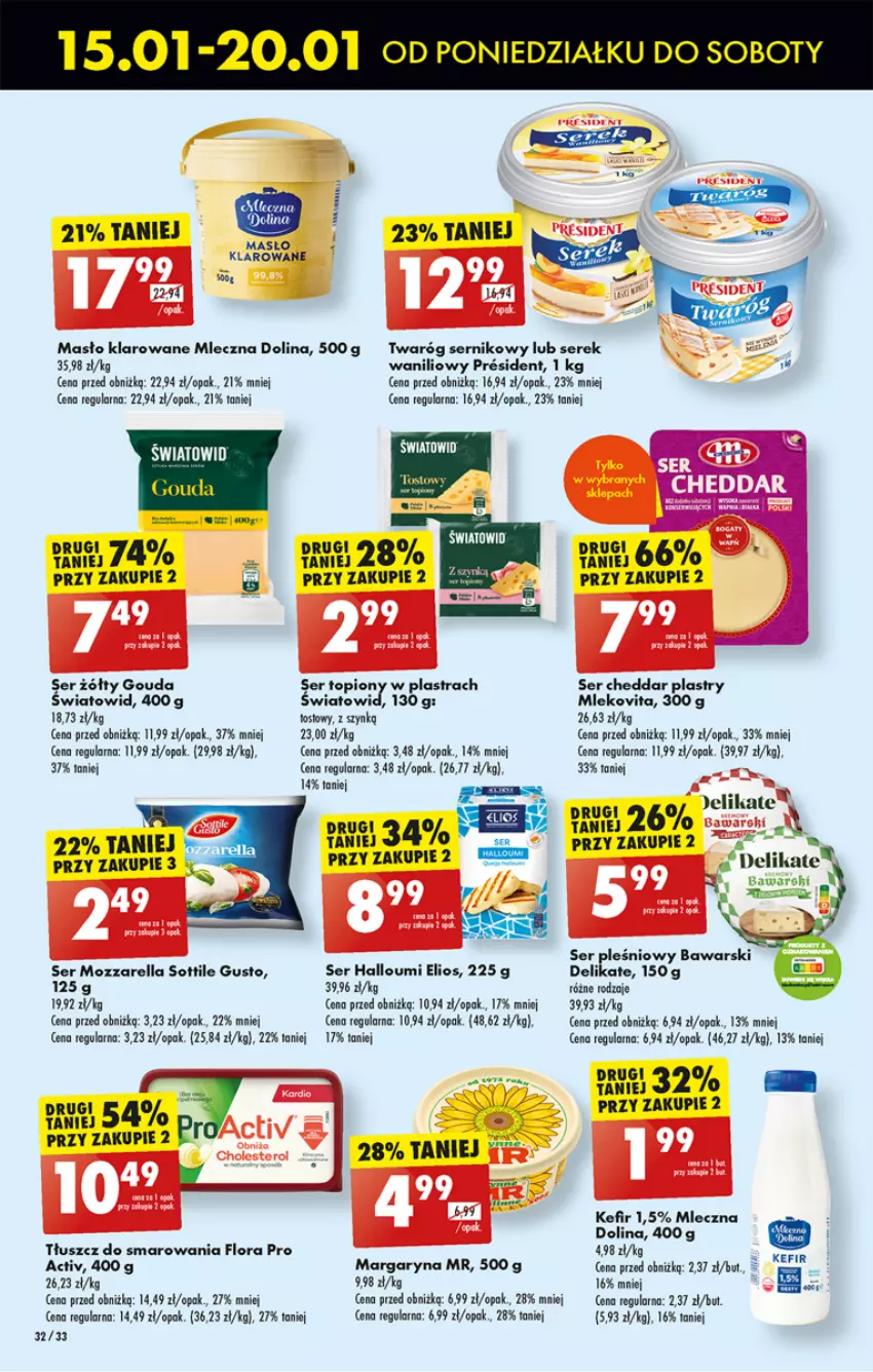 Gazetka promocyjna Biedronka - Od poniedzialku - ważna 15.01 do 20.01.2024 - strona 36 - produkty: Cheddar, Flora, Gouda, Kefir, Margaryna, Masło, Masło klarowane, Mleko, Mlekovita, Ser, Ser pleśniowy, Serek, Top