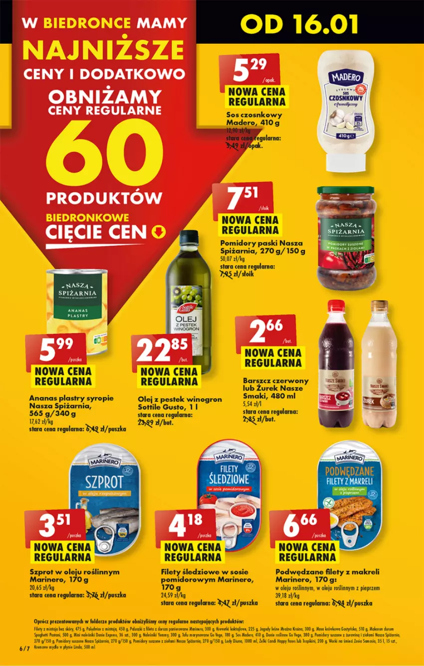 Gazetka promocyjna Biedronka - Od poniedzialku - ważna 15.01 do 20.01.2024 - strona 6 - produkty: Ananas, Lody, Mydło, Mydło w płynie, Olej, Pieprz, Pomidory, Sos, Spaghetti, Stek, Syrop, Szprot, Taca, Wino