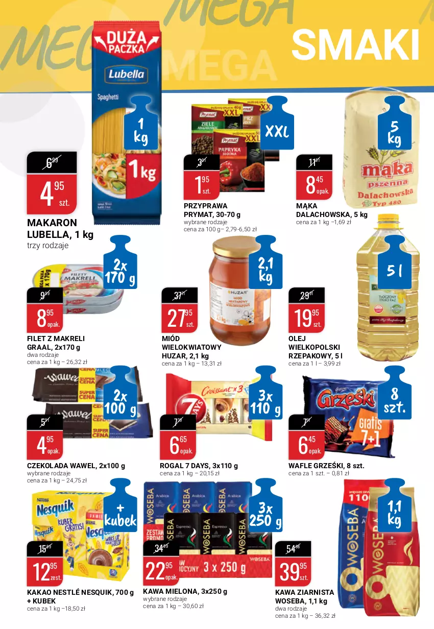 Gazetka promocyjna Bi1 - Klasyczne smaki - ważna 22.09 do 28.09.2021 - strona 6 - produkty: 7 Days, Bell, Bella, Czekolada, Filet z makreli, Gra, Graal, Grześki, Kakao, Kawa, Kawa mielona, Kawa ziarnista, Kubek, Lubella, Mąka, Makaron, Miód, Nesquik, Nestlé, Olej, Prymat, Rogal, Wafle, Wawel, Woseba