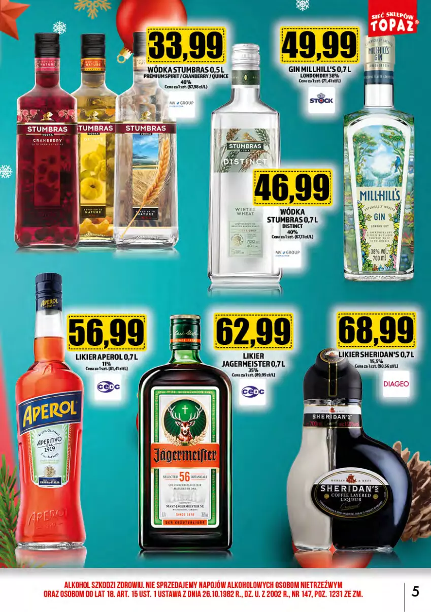 Gazetka promocyjna Topaz - Gazetka - ważna 01.12 do 31.12.2023 - strona 5 - produkty: Aperol, Gin, Jagermeister, Likier, Sheridan's, Wódka