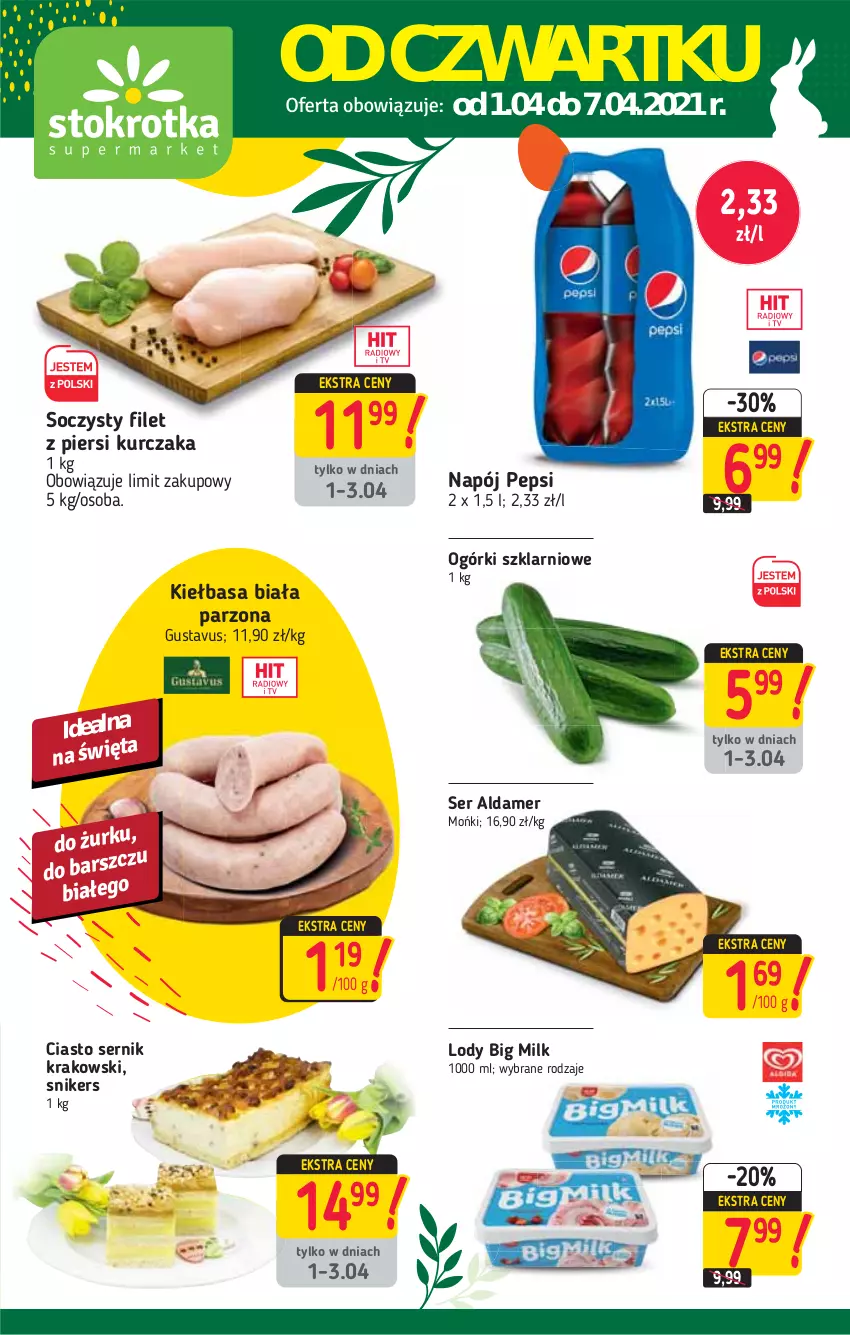 Gazetka promocyjna Stokrotka - Supermarket - ważna 01.04 do 07.04.2021 - strona 1 - produkty: Big Milk, Ciasto sernik, Kiełbasa, Kiełbasa biała, Kurczak, Lody, Napój, Nike, Pepsi, Ser