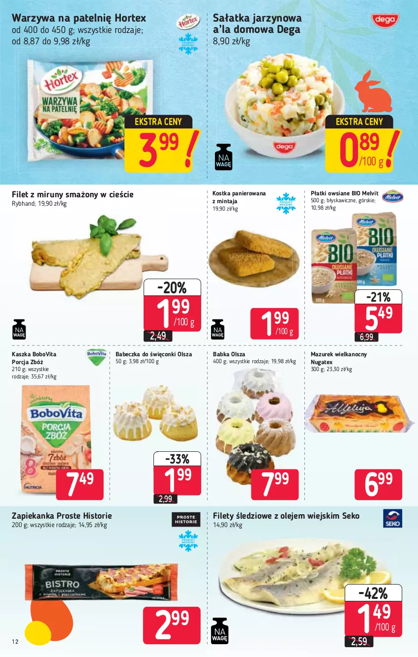 Gazetka promocyjna Stokrotka - Supermarket - ważna 01.04 do 07.04.2021 - strona 12 - produkty: Babka, BoboVita, Dega, Hortex, Melvit, Mintaj, Olej, Płatki owsiane, Por, Sałat, Sałatka, SEKO, Warzywa, Zapiekanka