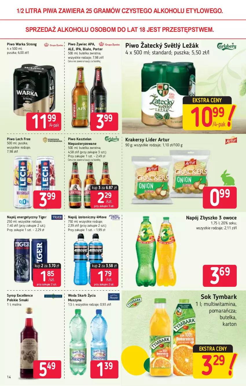 Gazetka promocyjna Stokrotka - Supermarket - ważna 01.04 do 07.04.2021 - strona 14 - produkty: Artur, Gra, Kasztelan, Krakersy, Mus, Napój, Napój energetyczny, Napój izotoniczny, Owoce, Piwa, Piwo, Por, Sok, Syrop, Szyna, Tiger, Tymbark, Warka, Woda