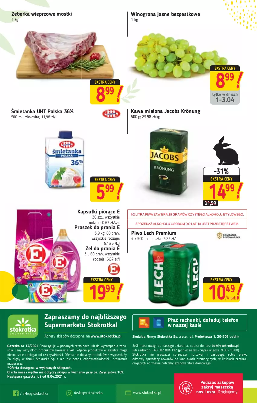 Gazetka promocyjna Stokrotka - Supermarket - ważna 01.04 do 07.04.2021 - strona 20 - produkty: Dres, Gra, Jacobs, Jacobs Krönung, JBL, Kawa, Kawa mielona, Lech Premium, Mleko, Mlekovita, O nas, Piwa, Piwo, Proszek do prania, Telefon, Wagi, Wino, Winogrona