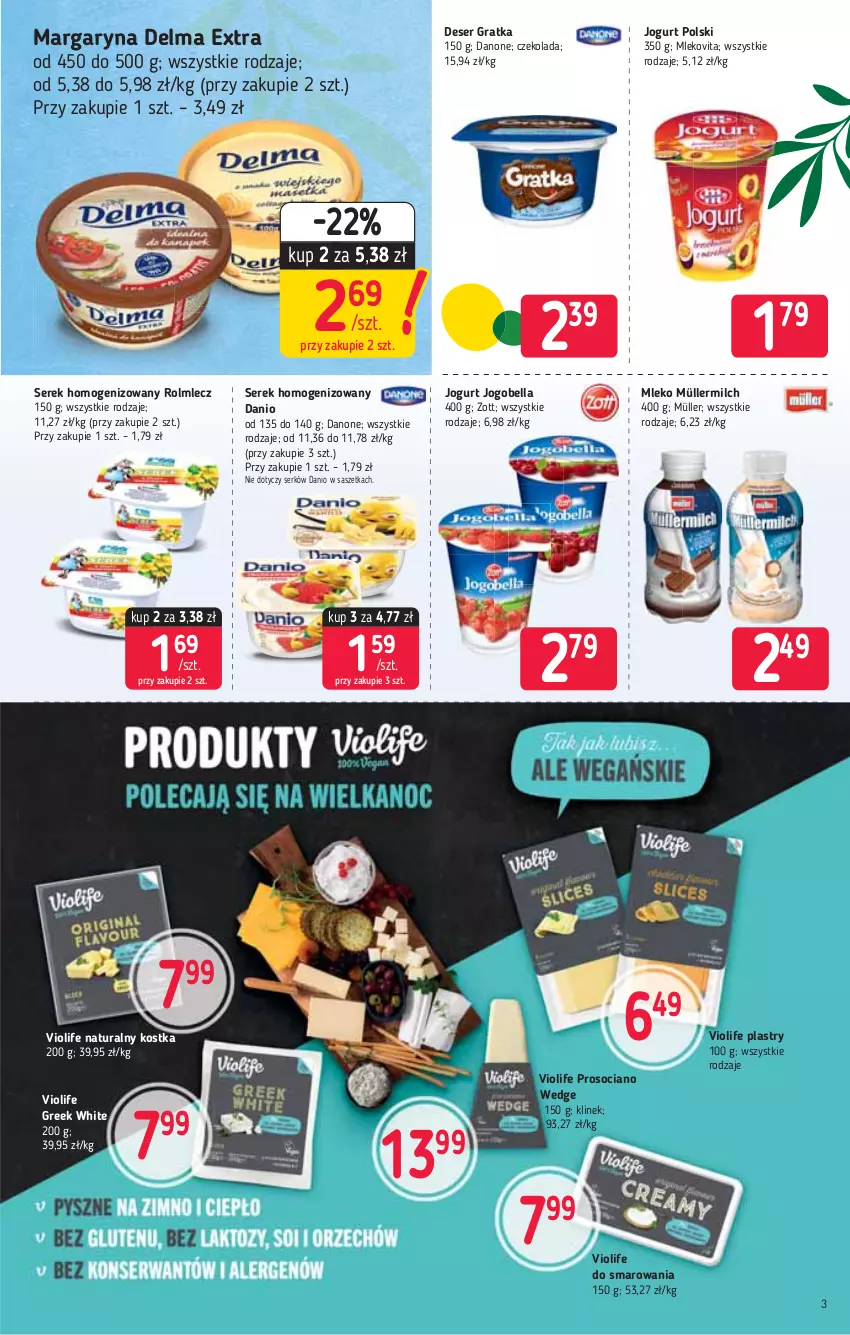 Gazetka promocyjna Stokrotka - Supermarket - ważna 01.04 do 07.04.2021 - strona 3 - produkty: Bell, Bella, Czekolada, Danio, Danone, Delma, Deser, Gra, Jogobella, Jogurt, Margaryna, Mleko, Mlekovita, Müller, Müllermilch, Rolmlecz, Ser, Serek, Serek homogenizowany, Zott