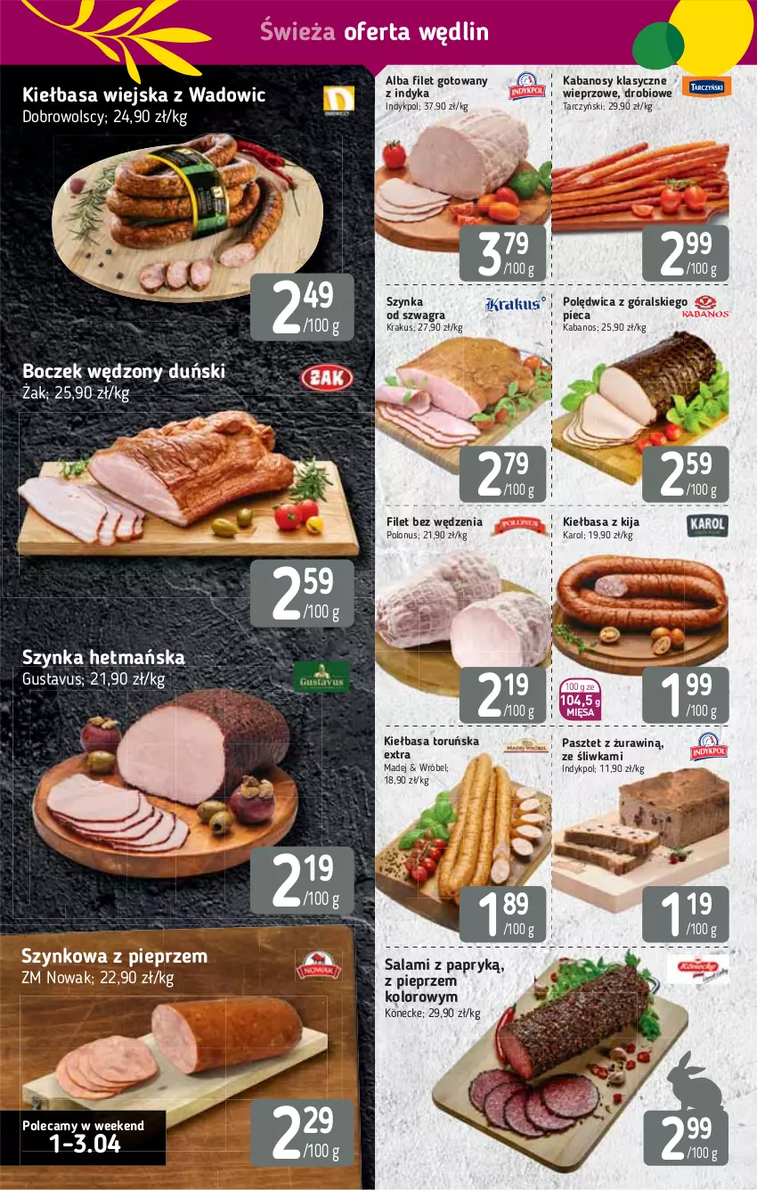 Gazetka promocyjna Stokrotka - Supermarket - ważna 01.04 do 07.04.2021 - strona 4 - produkty: Boczek, Gra, Kabanos, Kiełbasa, Kiełbasa wiejska, Krakus, NOWAK, Pasztet, Piec, Pieprz, Polędwica, Salami, Salami z papryką, Szynka, Tarczyński