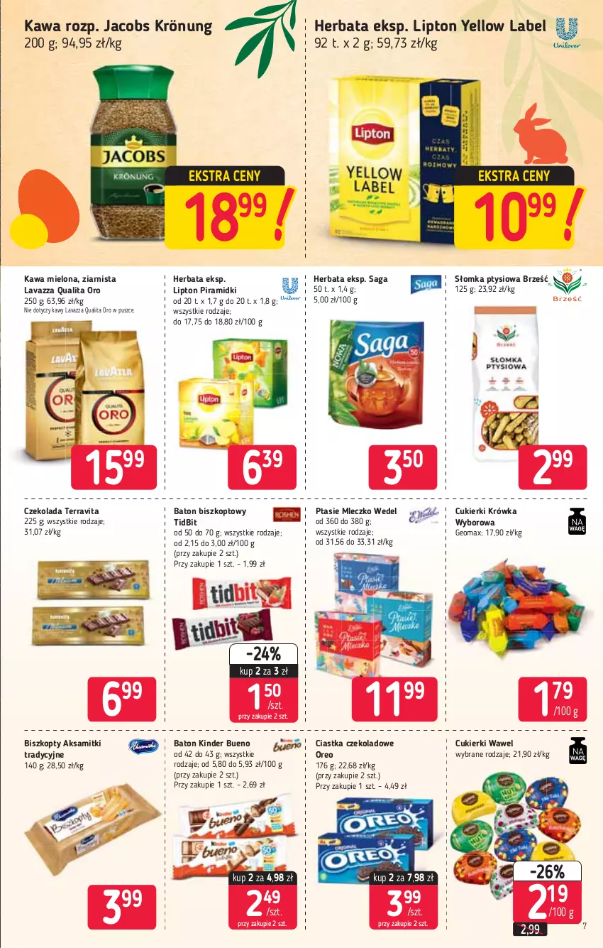 Gazetka promocyjna Stokrotka - Supermarket - ważna 01.04 do 07.04.2021 - strona 7 - produkty: Aksam, Baton, Biszkopty, Ciastka, Cukier, Cukierki, Czekolada, Herbata, Jacobs, Jacobs Krönung, Kawa, Kawa mielona, Kinder, Kinder Bueno, Lavazza, Lipton, Mleczko, Oreo, Ptasie mleczko, Saga, Wawel, Wyborowa