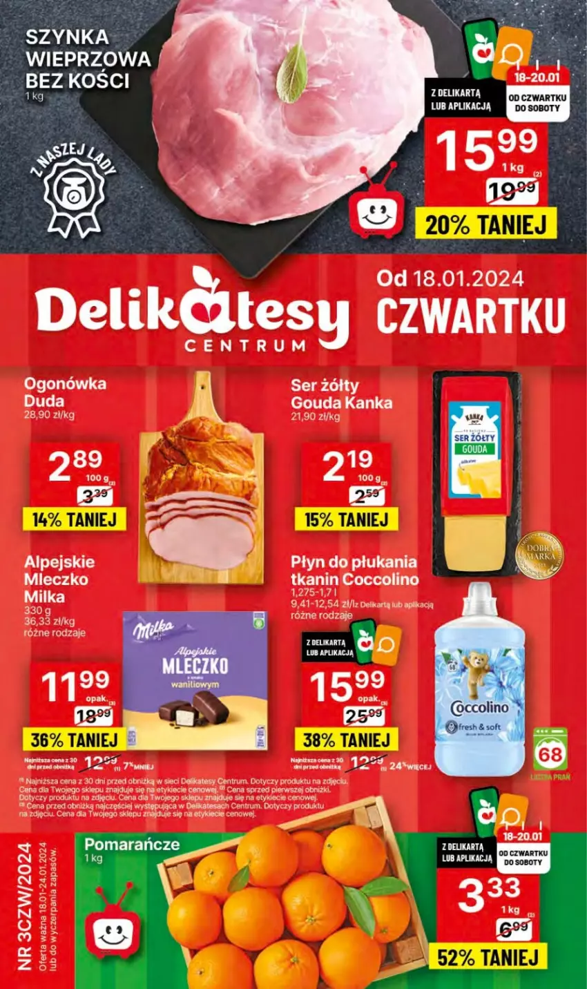 Gazetka promocyjna Delikatesy Centrum - Dyskontowe ceny w Delikatesach Centrum - ważna 18.01 do 24.01.2024 - strona 1 - produkty: Duda, Gouda, Milka, Mleczko, Ogonówka, Rum, Ser