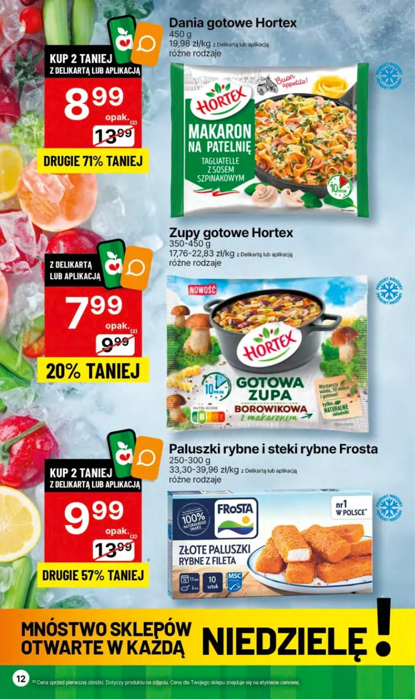 Gazetka promocyjna Delikatesy Centrum - Dyskontowe ceny w Delikatesach Centrum - ważna 18.01 do 24.01.2024 - strona 12 - produkty: Frosta, Hortex, Makaron, Paluszki rybne, Stek, Szpinak, Tagliatelle, Wiko