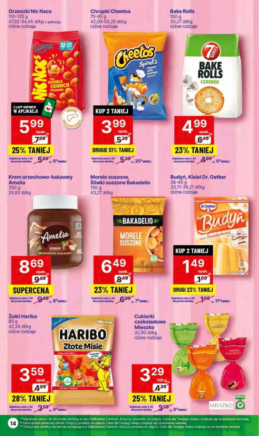 Gazetka promocyjna Delikatesy Centrum - Dyskontowe ceny w Delikatesach Centrum - ważna 18.01 do 24.01.2024 - strona 14 - produkty: Bake Rolls, Budyń, Cheetos, Chrupki, Cukier, Cukierki, Czosnek, Dr. Oetker, Fa, Haribo, Kakao, Kisiel, Orzeszki