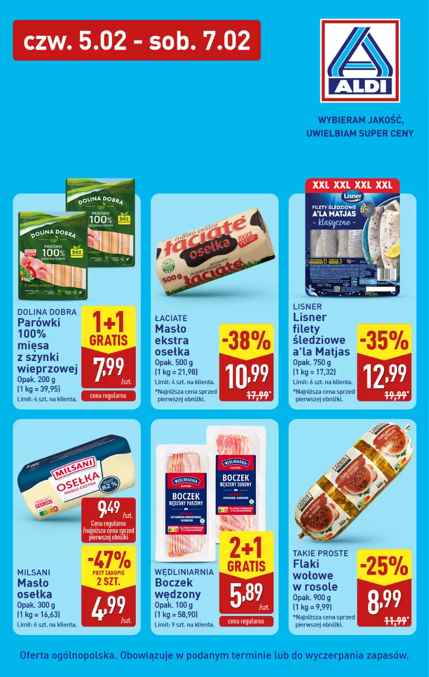 Gazetka promocyjna Aldi - Wybieram ALDI bo jest tanio! - ważna 05.02 do 07.02.2026 - strona 2 - produkty: Boczek, Flaki, Flaki wołowe, Gra, Lisner, Masło, Matjas, Parówki