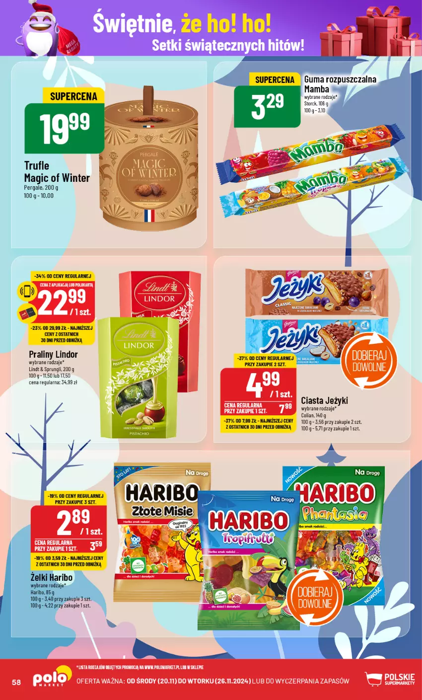 Gazetka promocyjna PoloMarket - Gazetka pomocyjna - ważna 20.11 do 26.11.2024 - strona 58 - produkty: Guma rozpuszczalna, Jeżyki, Lindor, Lindt, Mamba, Praliny, Sok