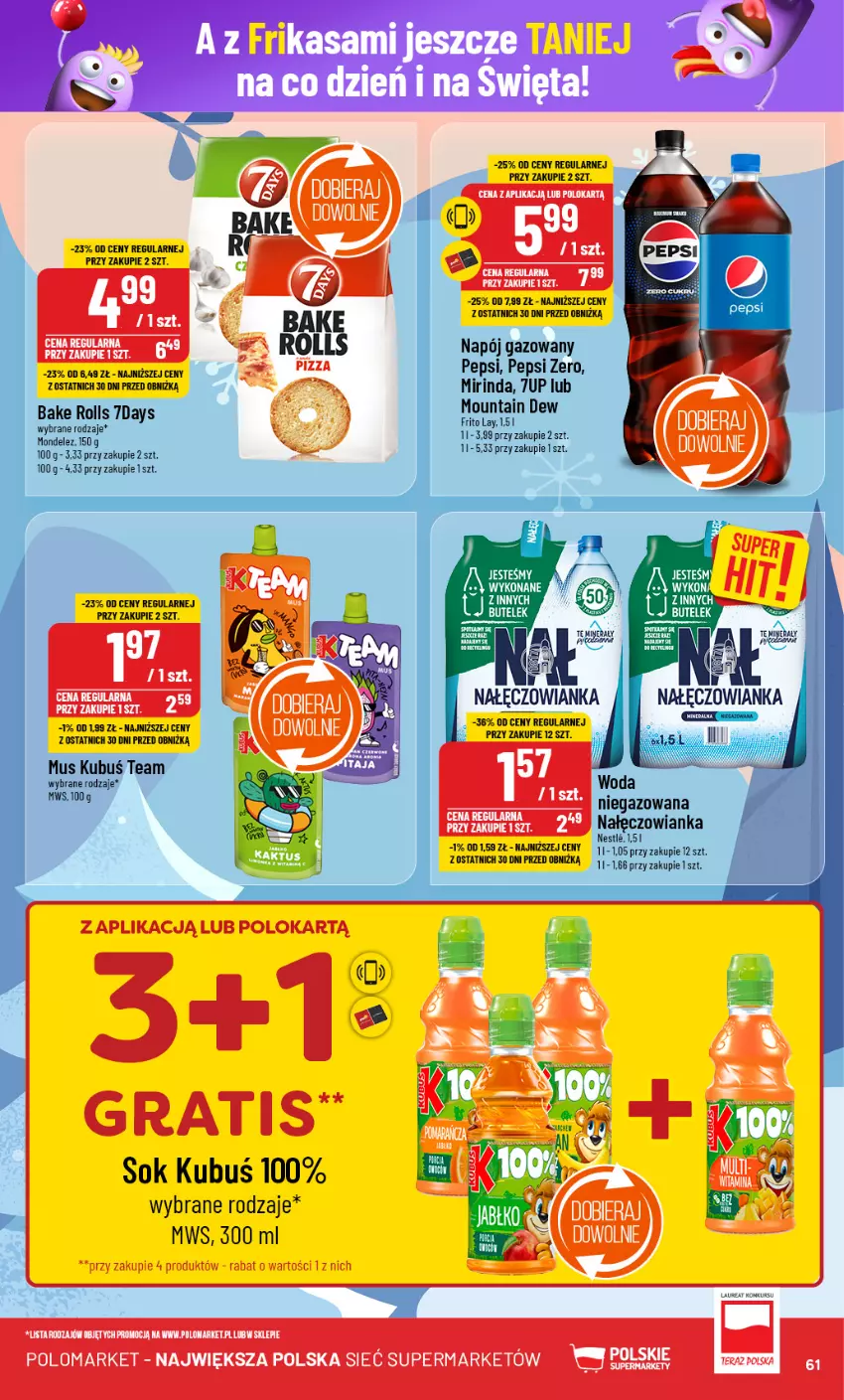 Gazetka promocyjna PoloMarket - Gazetka pomocyjna - ważna 20.11 do 26.11.2024 - strona 61 - produkty: Gra, Kubuś, Mirinda, Mus, Nałęczowianka, Napój, Napój gazowany, Pepsi, Pizza, Sok