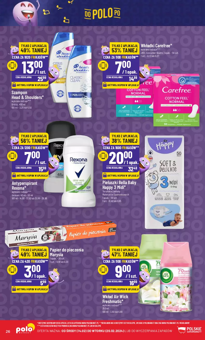 Gazetka promocyjna PoloMarket - Gazetka pomocyjna - ważna 14.02 do 20.02.2024 - strona 26 - produkty: Air Wick, Antyperspirant, Bell, Bella, BIC, Carefree, Papier, Papier do pieczenia, Piec, Rexona, Szampon, Wkładki