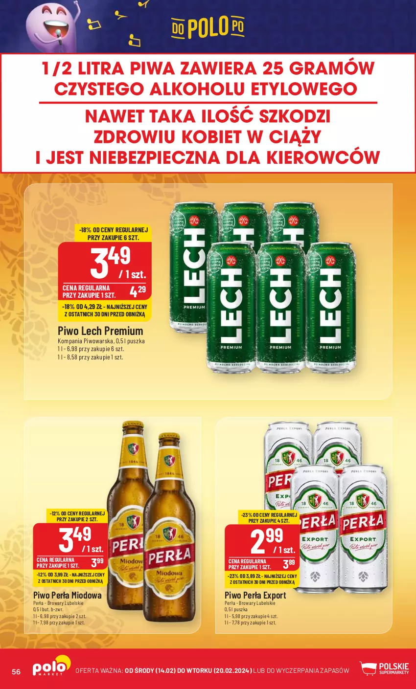 Gazetka promocyjna PoloMarket - Gazetka pomocyjna - ważna 14.02 do 20.02.2024 - strona 56 - produkty: Lech Premium, Perła, Piwo, Por