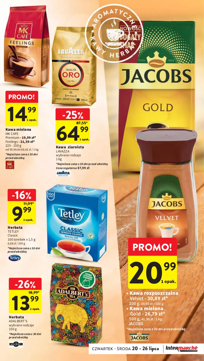 Gazetka promocyjna Intermarche - Gazetka Intermarche - ważna 20.07 do 26.07.2023 - strona 29 - produkty: Herbata, Jacobs, Kawa, Kawa mielona, Kawa rozpuszczalna, Kawa ziarnista, Lavazza, Tetley, Velvet