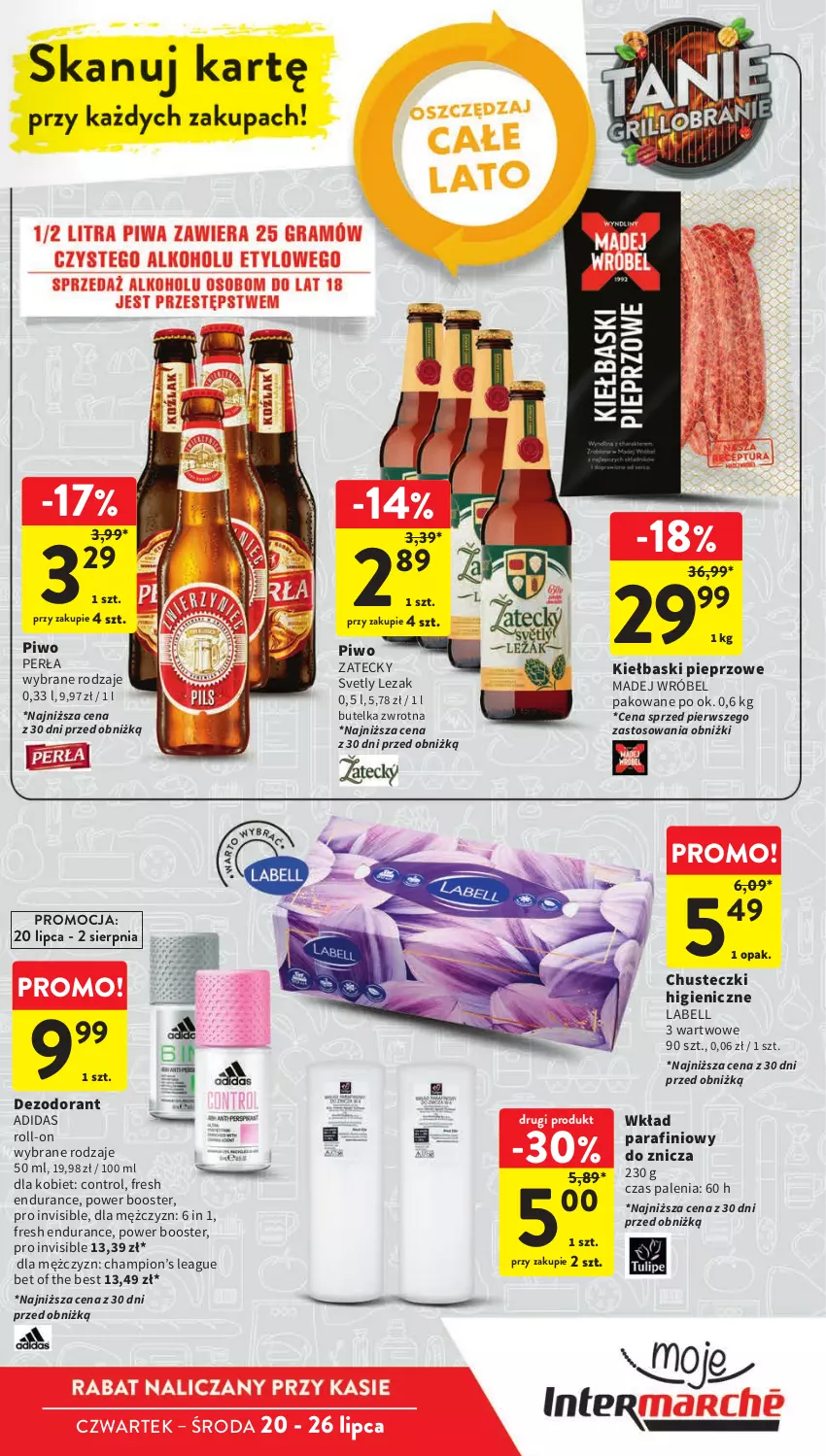 Gazetka promocyjna Intermarche - Gazetka Intermarche - ważna 20.07 do 26.07.2023 - strona 7 - produkty: Adidas, Bell, Booster, Chusteczki, Control, Dezodorant, Kiełbaski pieprzowe, Madej Wróbel, Perła, Pieprz, Piwo, Znicz