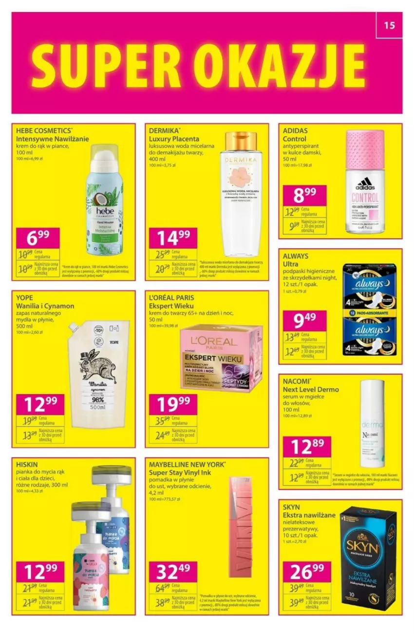 Gazetka promocyjna Hebe - ważna 01.01 do 10.01.2024 - strona 7 - produkty: Adidas, Always, Always Ultra, Antyperspirant, Bell, Control, Dermika, Hebe Cosmetics, Krem do rąk, Krem do twarzy, Maybelline, Nacomi, Podpaski, Prezerwatyw, Rum, Ser, Serum, Skyn, Woda, Woda micelarna, Yope