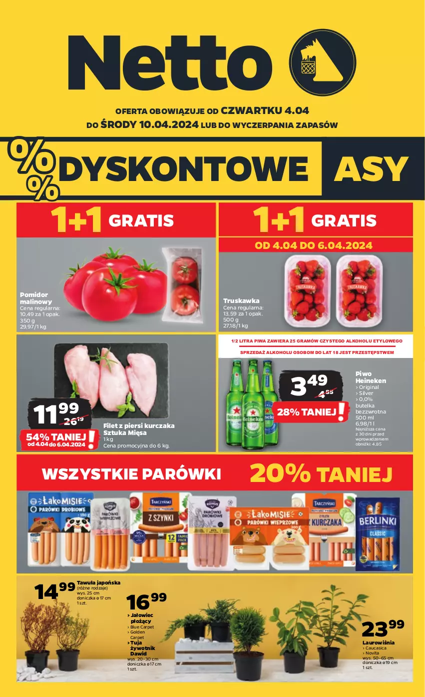 Gazetka promocyjna Netto - Artykuły spożywcze - ważna 04.04 do 10.04.2024 - strona 1 - produkty: Filet z piersi kurczaka, Gin, Gra, Heineken, Kurczak, Laur, Parówki, Piwa, Piwo, Pomidor malinowy