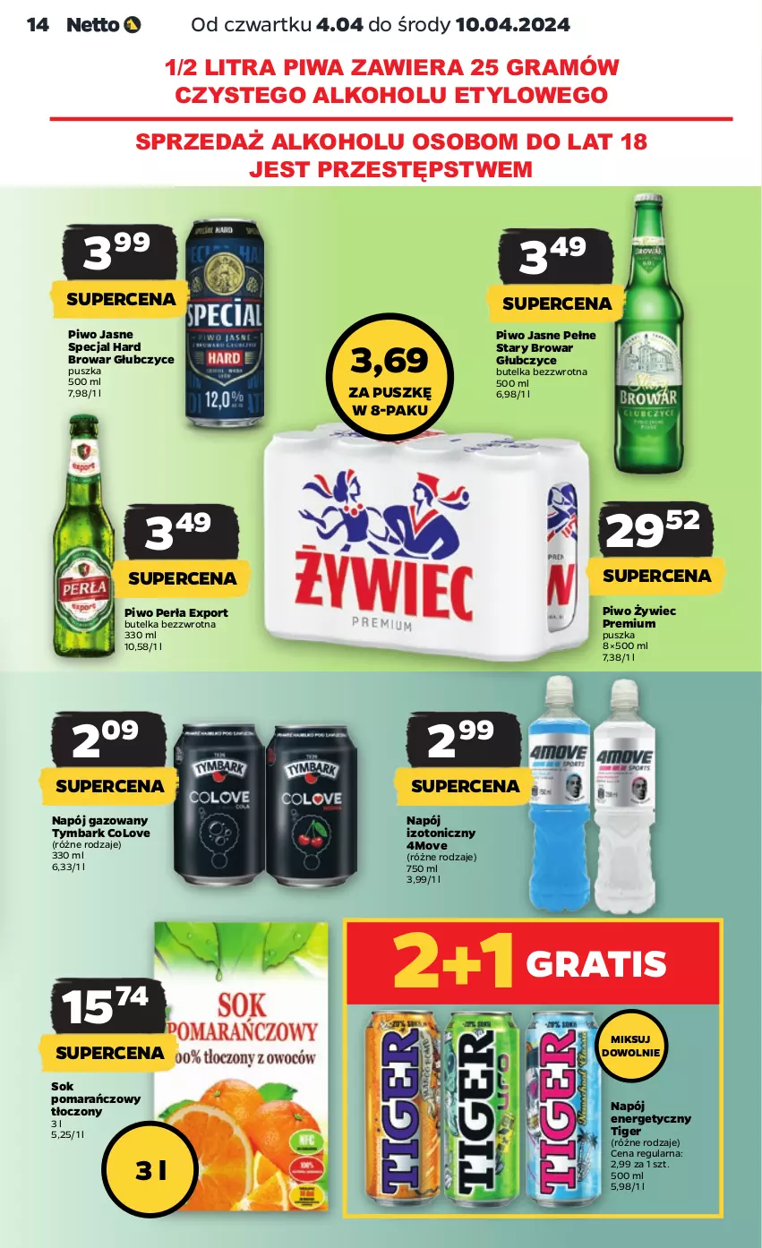 Gazetka promocyjna Netto - Artykuły spożywcze - ważna 04.04 do 10.04.2024 - strona 14 - produkty: Gra, Napój, Napój energetyczny, Napój gazowany, Napój izotoniczny, Perła, Piwa, Piwo, Piwo jasne, Por, Sok, Sok pomarańczowy, Tiger, Tymbark