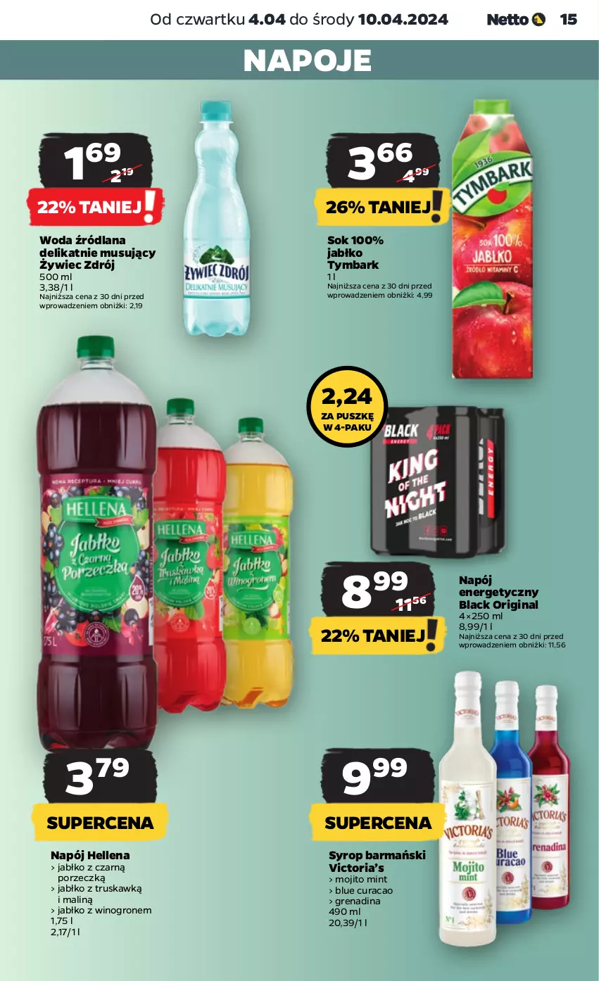 Gazetka promocyjna Netto - Artykuły spożywcze - ważna 04.04 do 10.04.2024 - strona 15 - produkty: Gin, Hellena, Lack, LANA, Mus, Napój, Napój energetyczny, Napoje, Por, Sok, Syrop, Tymbark, Wino, Woda