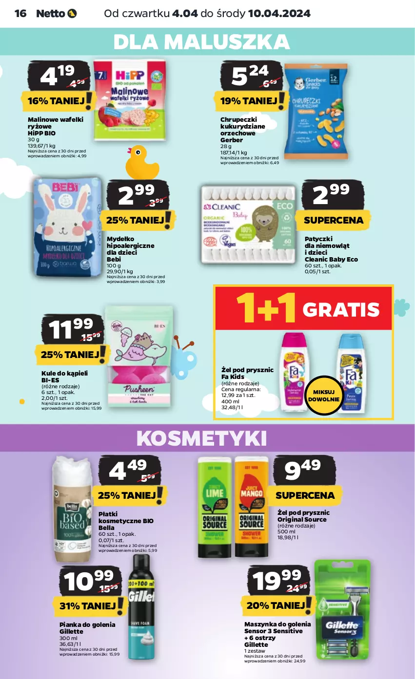 Gazetka promocyjna Netto - Artykuły spożywcze - ważna 04.04 do 10.04.2024 - strona 16 - produkty: Bell, Bella, Cleanic, Dzieci, Fa, Gerber, Gillette, Gin, Gra, HiPP, Hipp Bio, Maszynka, Maszynka do golenia, Pianka do golenia, Płatki kosmetyczne, Ryż, Szynka