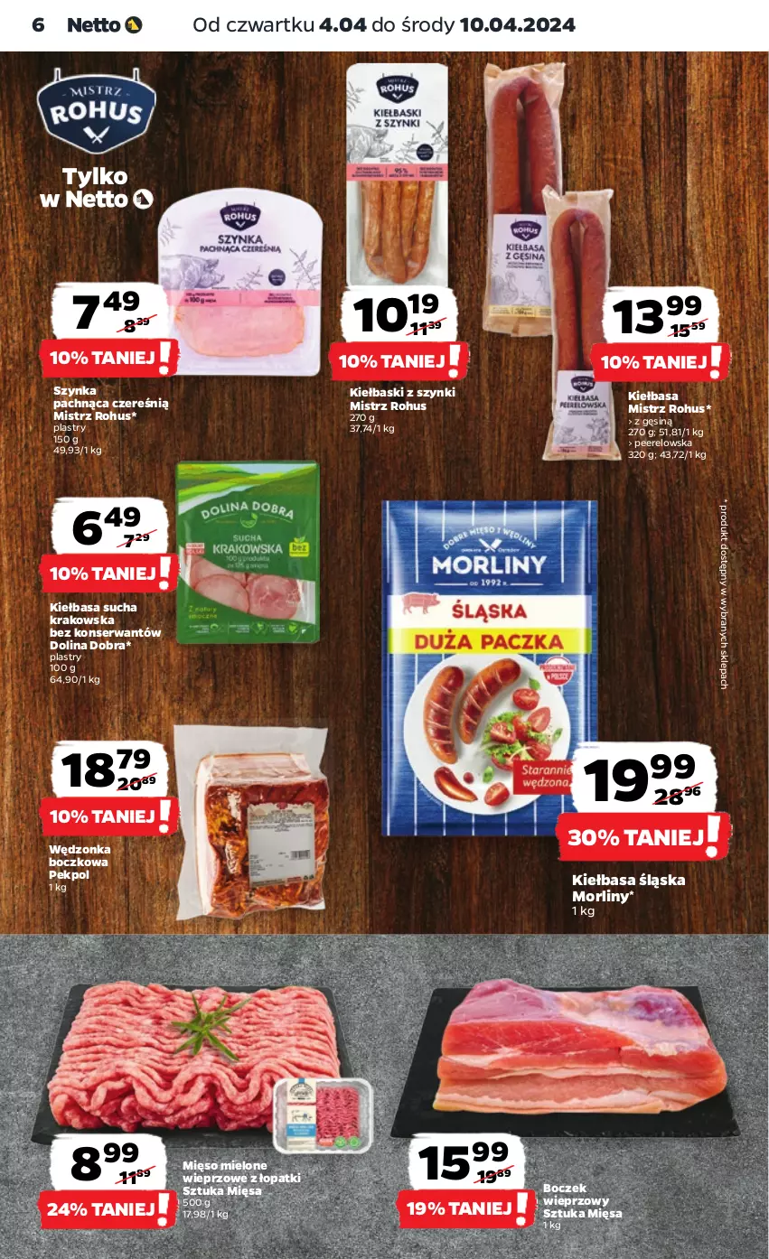 Gazetka promocyjna Netto - Artykuły spożywcze - ważna 04.04 do 10.04.2024 - strona 6 - produkty: Boczek, Boczek wieprzowy, Kiełbasa, Kiełbasa śląska, Mięso, Mięso mielone, Morliny, Pekpol, Ser, Szynka