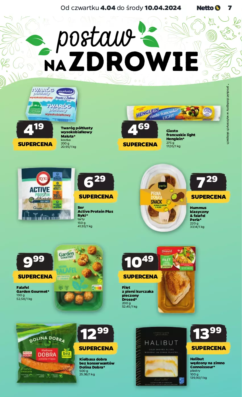 Gazetka promocyjna Netto - Artykuły spożywcze - ważna 04.04 do 10.04.2024 - strona 7 - produkty: Ciasto francuskie, Fa, Filet z piersi kurczaka, Halibut, Hummus, Kiełbasa, Kurczak, Mus, Piec, Ser, Sok, Twaróg, Twaróg półtłusty, Zdrowie