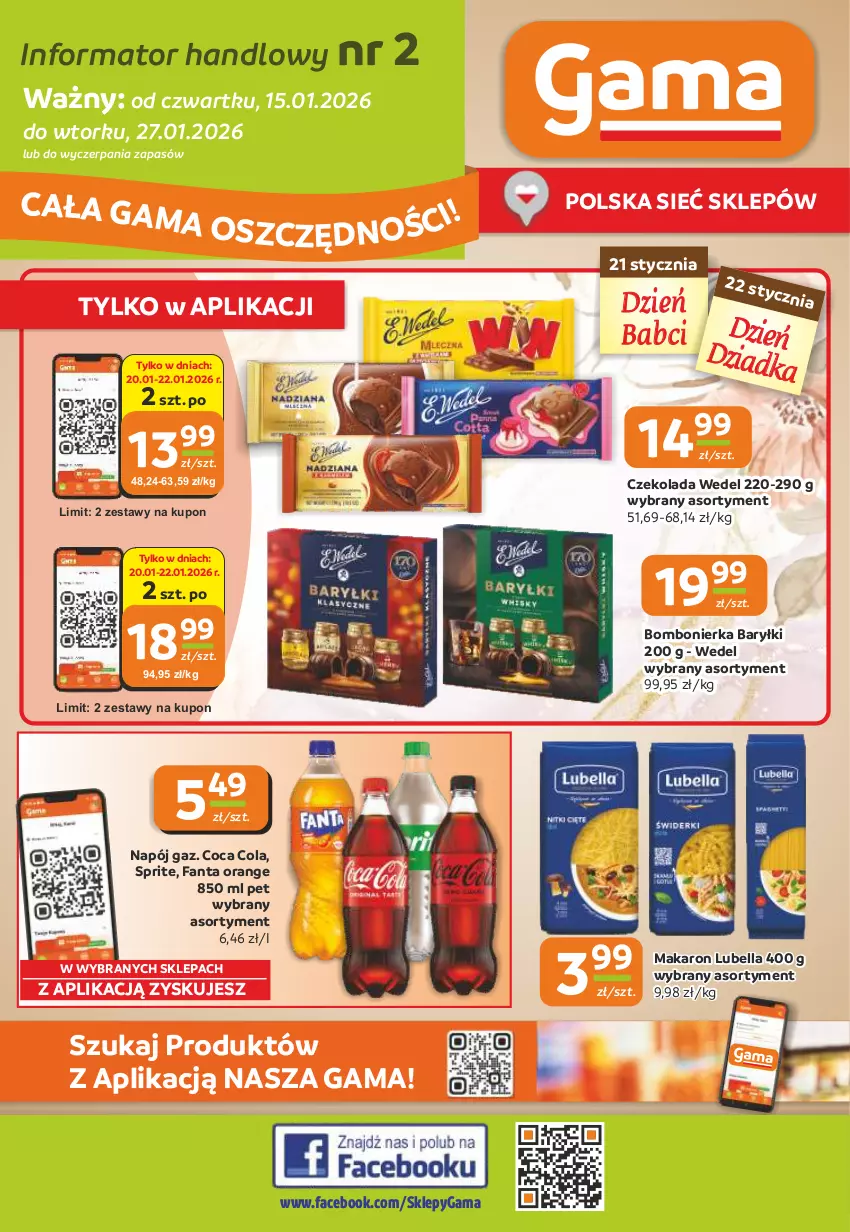 Gazetka promocyjna Gama - Gazetka Gama - ważna 15.01 do 27.01.2026 - strona 1 - produkty: Baryłki, Bell, Bella, Czekolada, Fa, Fanta, Lubella, Makaron, Napój, Sprite