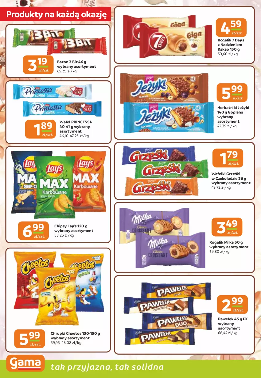 Gazetka promocyjna Gama - Gazetka Gama - ważna 15.01 do 27.01.2026 - strona 4 - produkty: 7 Days, Baton, Cheetos, Chipsy, Chrupki, Goplana, Grześki, Herbatniki, Jeżyki, Kakao, LANA, Milka, Princessa, Rogal