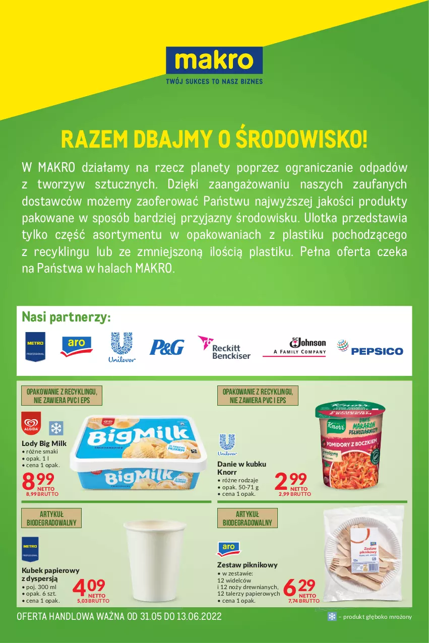 Gazetka promocyjna Makro - [Oferta specjalna] Razem dbajmy o środowisko - ważna 31.05 do 13.06.2022 - strona 1 - produkty: Big Milk, Fa, Gra, Knorr, Kubek, Kubek papierowy, Lody, Noż, Papier, Talerz