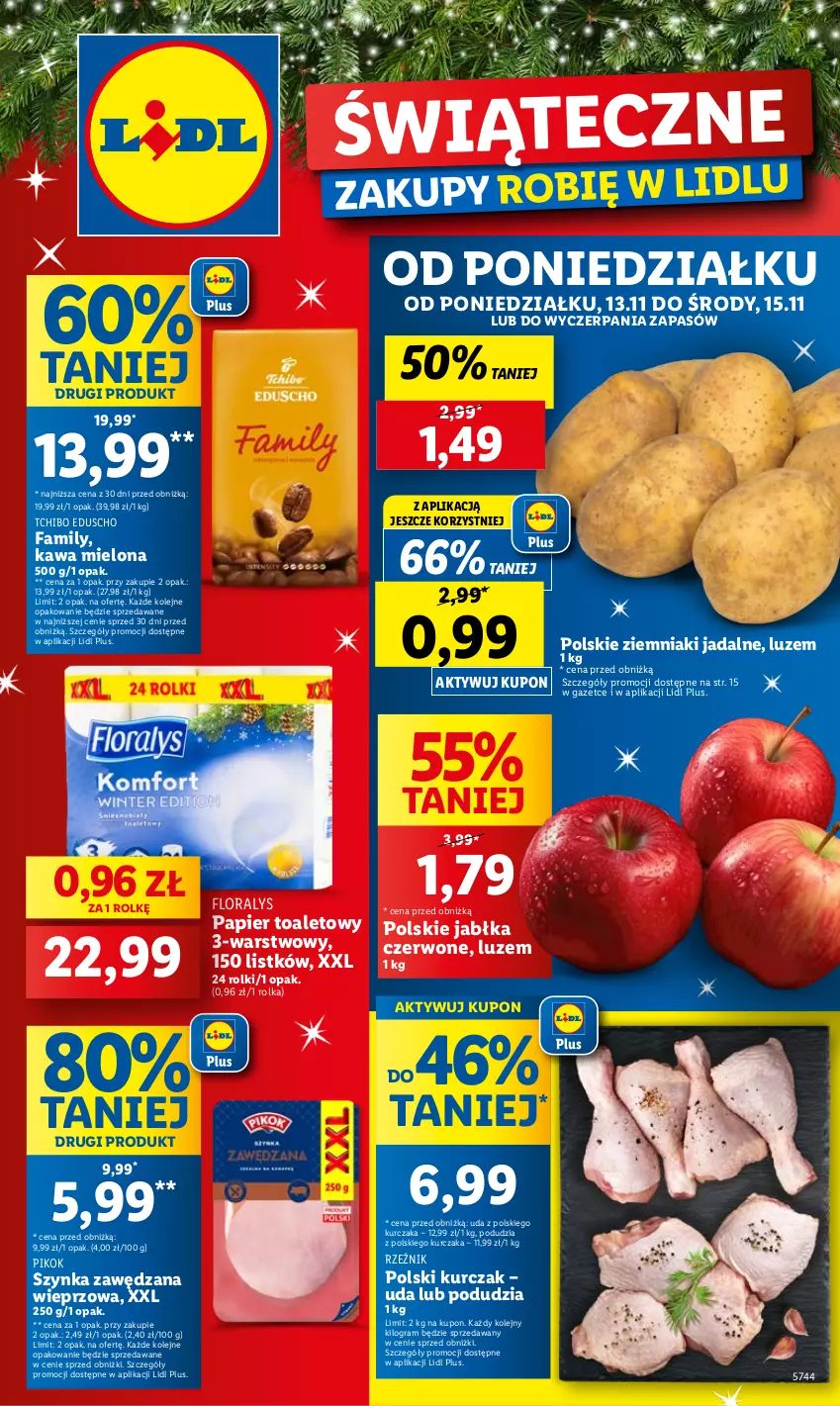 Gazetka promocyjna Lidl - GAZETKA - ważna 13.11 do 15.11.2023 - strona 1 - produkty: Fa, Flora, Gra, Jabłka, Kawa, Kawa mielona, Kurczak, Olej, Papier, Papier toaletowy, PIKOK, Rolki, Szynka, Tchibo, Ziemniaki