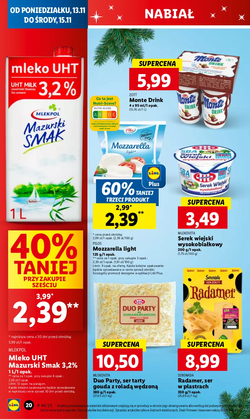 Gazetka promocyjna Lidl - GAZETKA - ważna 13.11 do 15.11.2023 - strona 36 - produkty: Gouda, Mleko, Mlekovita, Monte, Mozzarella, Olej, Pilos, Radamer, Ser, Serek, Serek wiejski, Sok, Wazon, Zott