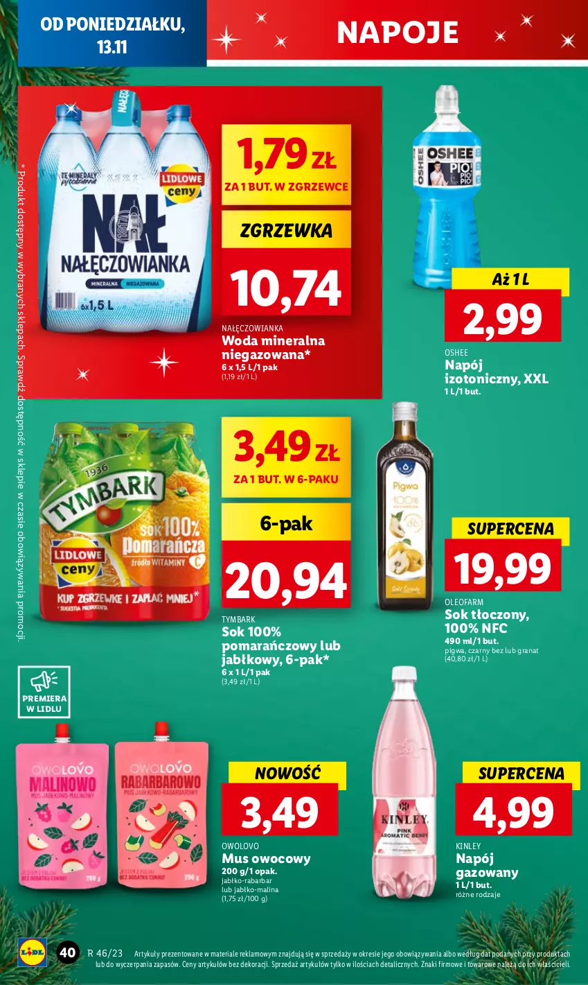 Gazetka promocyjna Lidl - GAZETKA - ważna 13.11 do 15.11.2023 - strona 56 - produkty: Fa, Gra, Granat, Mus, Nałęczowianka, Napój, Napój gazowany, Napój izotoniczny, Napoje, Oleo, Oleofarm, Oshee, Sok, Tymbark, Woda, Woda mineralna