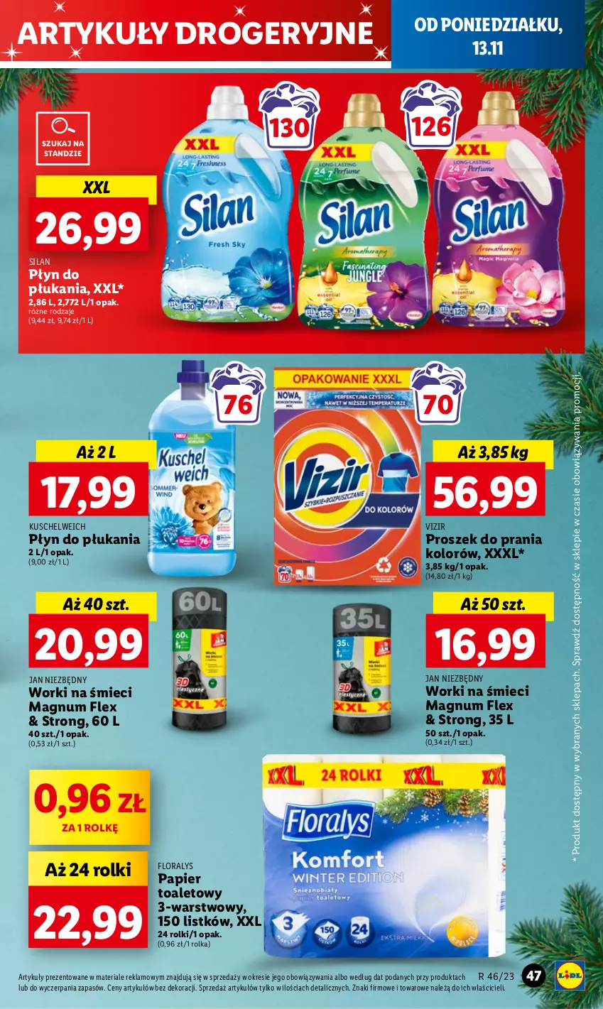 Gazetka promocyjna Lidl - GAZETKA - ważna 13.11 do 15.11.2023 - strona 63 - produkty: Flora, Jan Niezbędny, Papier, Papier toaletowy, Płyn do płukania, Proszek do prania, Rolki, Silan, Vizir, Worki na śmiec, Worki na śmieci