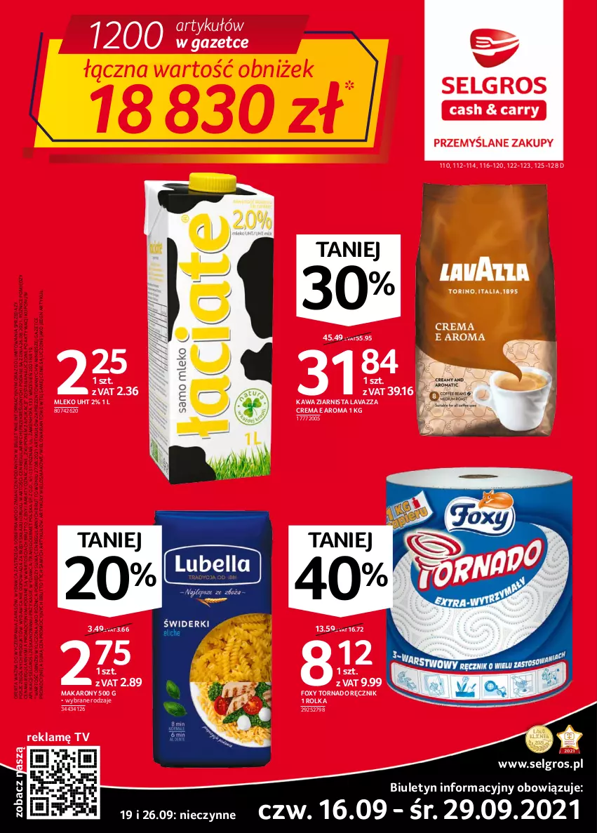 Gazetka promocyjna Selgros - Oferta spożywcza - ważna 16.09 do 29.09.2021 - strona 1 - produkty: Fa, Foxy, Kawa, Kawa ziarnista, Lavazza, LG, Makaron, Mleko, Ręcznik, Tran