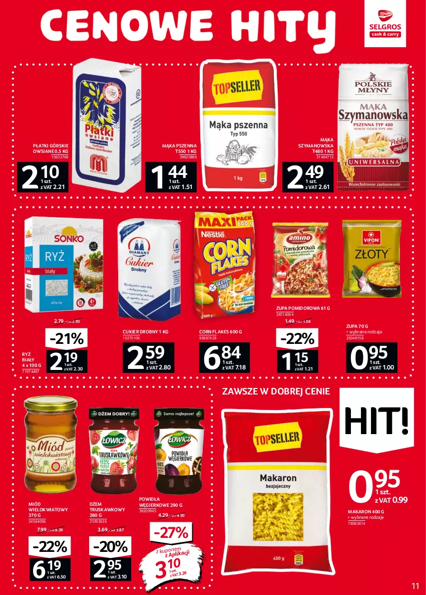 Gazetka promocyjna Selgros - Oferta spożywcza - ważna 16.09 do 29.09.2021 - strona 11 - produkty: Corn flakes, Cukier, Dżem, Mąka, Mąka pszenna, Makaron, Miód, Ryż, Ryż biały, Zupa, Zupa pomidorowa