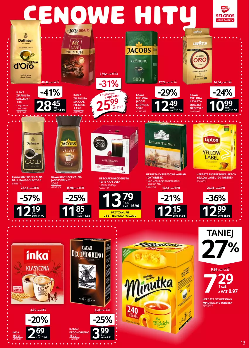 Gazetka promocyjna Selgros - Oferta spożywcza - ważna 16.09 do 29.09.2021 - strona 13 - produkty: Dallmayr, Dolce Gusto, Earl Grey, Fa, Herbata, Inka, Jacobs, Jacobs Krönung, Jacobs Velvet, Kakao, Kawa, Kawa mielona, Kawa rozpuszczalna, Kawa ziarnista, Lavazza, Lipton, Nescafé, Velvet