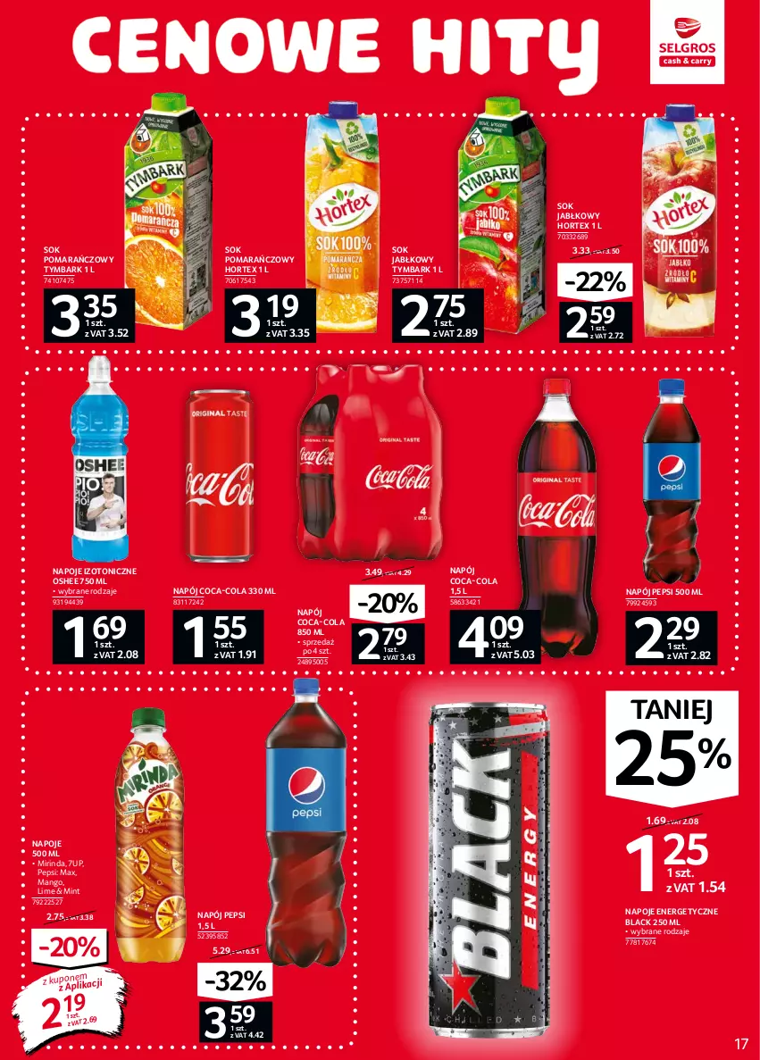 Gazetka promocyjna Selgros - Oferta spożywcza - ważna 16.09 do 29.09.2021 - strona 17 - produkty: 7up, Coca-Cola, Hortex, Lack, Mango, Mirinda, Napój, Napoje, Oshee, Pepsi, Sok, Sok jabłkowy, Sok pomarańczowy, Tymbark