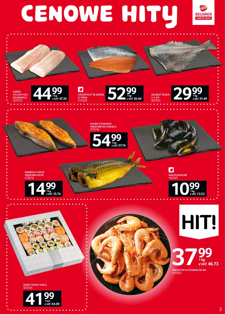 Gazetka promocyjna Selgros - Oferta spożywcza - ważna 16.09 do 29.09.2021 - strona 3 - produkty: Dorsz, Halibut, Kawa, Krewetki, Małże, Polędwica, Sushi, Tusz